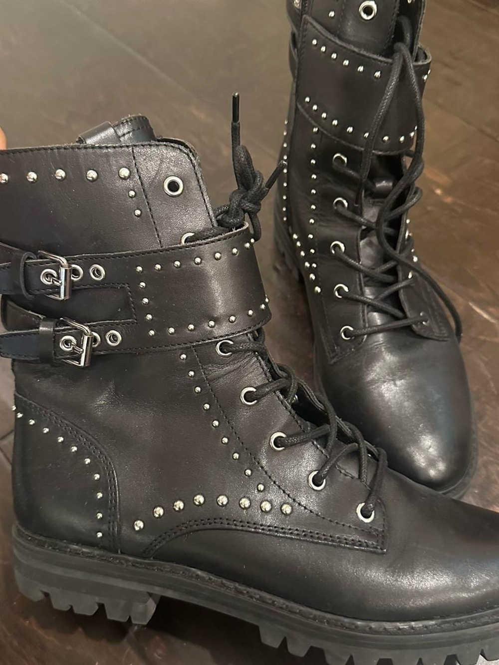 Marc Fisher Black Studded Lace-Up Moto Boots with Buckle Straps